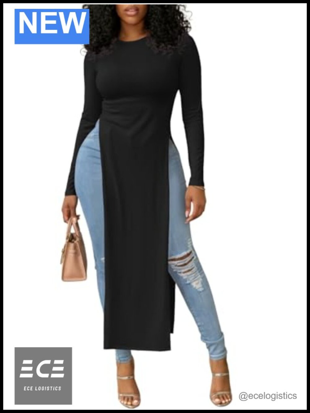 Womens Crew Neck Long Sleeve Split Hem Tunic Tee Slim Fit
